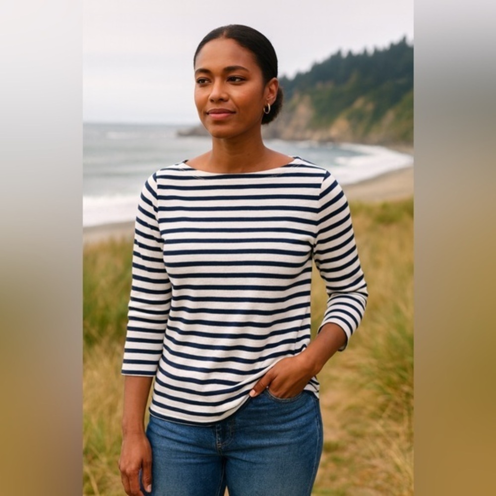 J Crew Black White Stripe Boatneck Wool Blend Long Sleeve Tee Coastal EUC S 2225